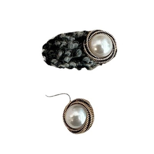 Elegant tweed fabric hair clip and pearl earring set in classic minimalist style
