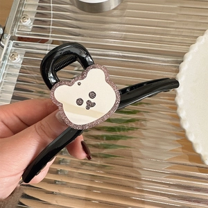 Pinza per capelli nera in acrilico con simpatico orsetto glitterato per donna