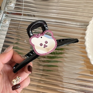 Graziosa pinza per capelli a forma di orso in acrilico nero con glitter rosa per acconciature