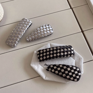 Checkerboard Woven Hair Clip Satin Alloy Vintage Geometric Rectangle Teardrop Hairpin For Women Trendy Niche Hair Accessories