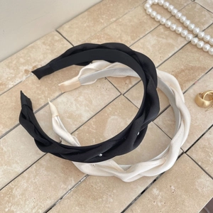Elegant French satin twisted headband in black and beige with a premium glossy finish