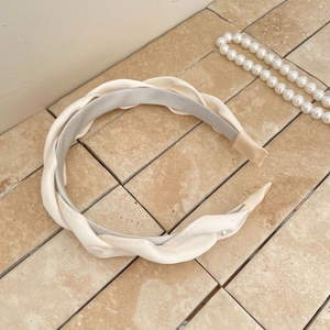 French style satin braided headband in creamy white and grey for elegant hair styling