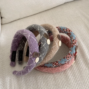 Retro knitted headbands set with buttons in purple, beige and grey tweed fabric