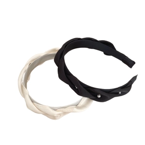 French style satin braided headband set in black and cream with pearl beads decor