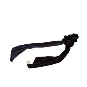 Elegant black velvet scrunchie with long ribbon tails and pearl accent for women
