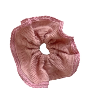 Fuzzy mink fur knitting hair scrunchie in dusty rose pink with crochet lace trim edges