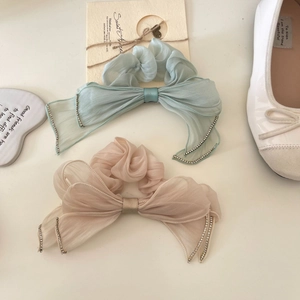 Elegant Chiffon Bow Scrunchie With Rhinestone Edges Sweet Princess Style Organza Hair Tie Ponytail Holder For Women Girls