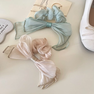 Elegant champagne and mint green chiffon bow hair scrunchies with crystal rhinestones
