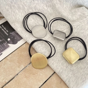 Minimalist Metal Brushed Geometric Hair Tie For Women High Elasticity Gold Silver Round Square Alloy Plate Decorative Hair Rope
