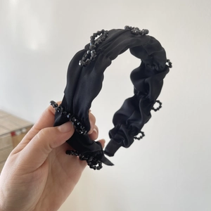 Women Elegant Black Satin Pleated Headband With Crystal Beaded Decor Retro French Style Wide Hair Band For Daily Party