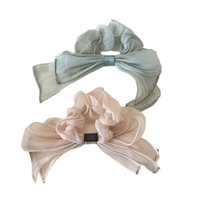 Elegant chiffon bow hair scrunchies with rhinestones in sage green and champagne gold