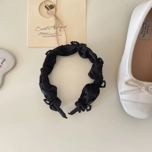 Elegant black pleated headband with beaded trim for women, minimalist French style hair accessory