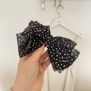 French polka dot bow hair clip with black chiffon fabric and metal banana claw for women