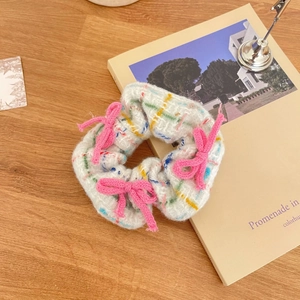 Sweet Tweed Knit Scrunchie With Pink Bows Elegant Academy Style Colorful Speckled Hair Tie For Women Hair Accessories