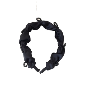 Elegant black pleated crystal headband for women with premium satin fabric design