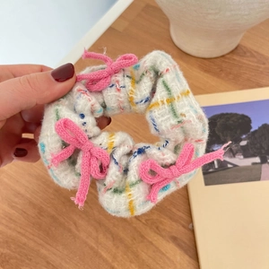Chic multi-color tweed scrunchie featuring cute pink knitted bows for girls