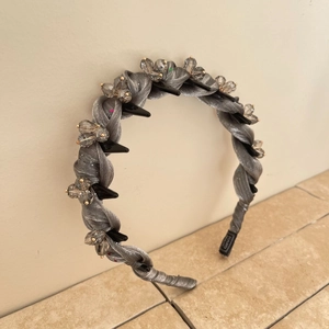Gray braided silk headband with sparkling crystal clusters and edgy black stud accents
