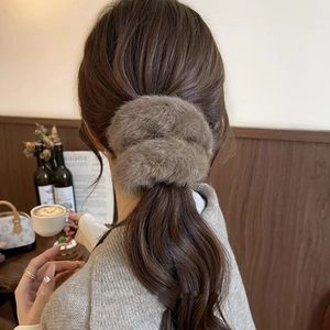 Faux mink fur scrunchie in dark grey-brown for elegant winter hairstyles