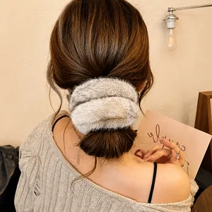 Elegant grey faux mink fur oversized scrunchie for women's high-end autumn winter hairstyles