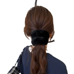 Elegant black faux mink fur scrunchie for women, soft plush hair tie for winter ponytails