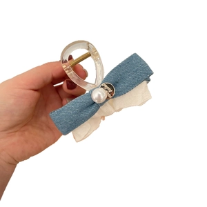 Blue denim bow hair claw clip with pearl detail and lace layers for women summer style