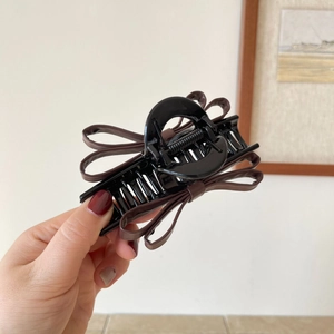 Vintage dark brown leather bow hair claw clip for elegant women hairstyles