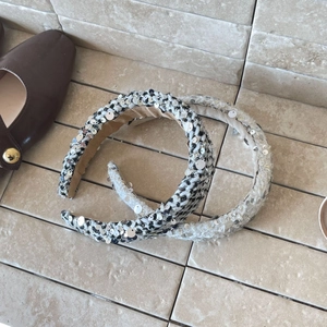 Sparkling tweed headbands with silver sequins in black, white, and cream colorways