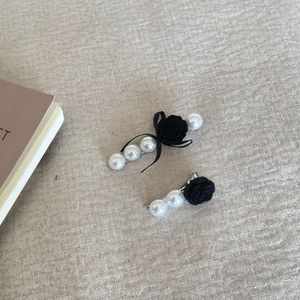 Vintage velvet rose and pearl hair clip set with elegant black ribbon bow accessory