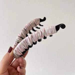 Pink floral fabric wrapped large banana hair clip with teeth for thick hair