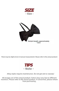 Detail view of black fabric bow hairpin showing 12cm length and alloy material specs