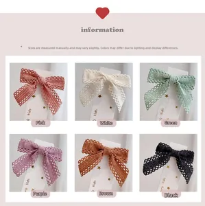 Detailed set of six pastel lace bow hair clips in multiple colors for kids decoration