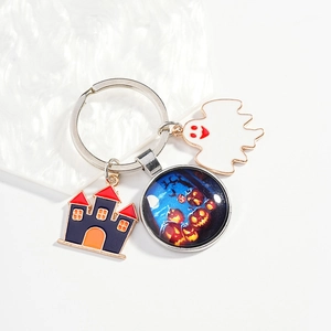 Halloween Pumpkin Ghost Castle Metal Keychain Drip Oil Alloy Glass Dome Pendant Key Ring Holiday Party Decoration Gift
