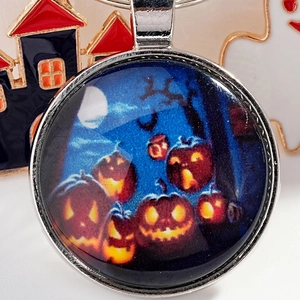 Halloween pumpkin necklace with glass dome pendant and moonlit tree scene on silver chain