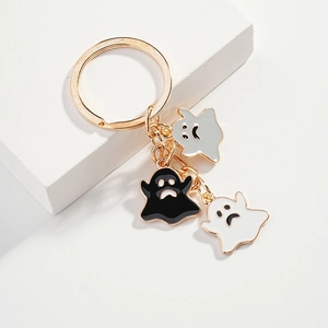 Stainless Steel Alloy Ghost Keychain Halloween Bag Charm Gold Key Ring Black White Gray Enamel Pendants For Women Kids