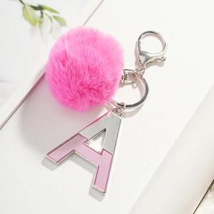 Porte-clés Lettre A en Alliage avec Boule de Fourrure Rose Paillettes Métal Alphabet pour Sac Femme Décoration de Voiture