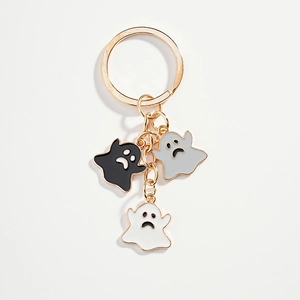 Cartoon enamel ghost keychain with gold ring and three colorful spooky pendants