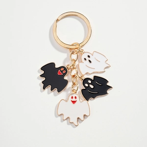 Halloween cartoon ghost keychain with gold ring and black and white enamel charms