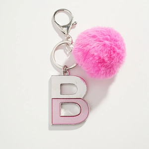Pink faux fur pompom keychain with silver metal letter B pendant for car keys