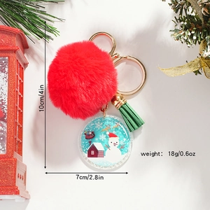 Christmas snowman acrylic keychain with red faux fur pompom and green tassel charm