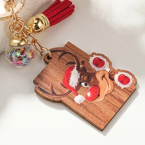 Cartoon Christmas reindeer wooden keychain with red tassel and glitter glass ball charm