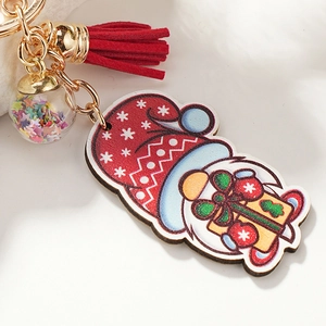 Cartoon Christmas gnome wooden keychain with red tassel and starry glass ball ornament