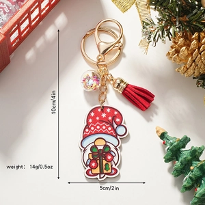 Wooden Christmas gnome keychain with red tassel and sequin ball charm, 10cm holiday gift