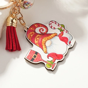 Christmas gnome wooden keychain with red tassel and colorful glitter star ball ornament