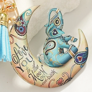 Artistic crescent moon and blue elephant keychain with I Love You quote and silk tassel