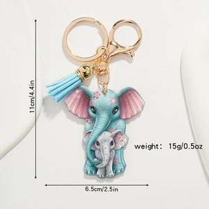 Cute blue elephant keychain with cherry blossom print and matching leather tassel charm