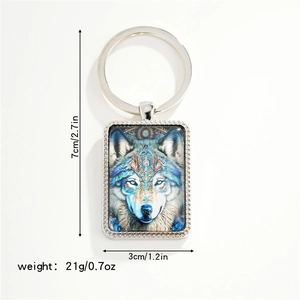 Mens metal rectangle wolf head pendant keychain with dimension markers and weight info