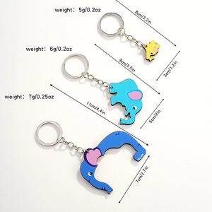 Three colorful wooden elephant keychains in blue and yellow with size specifications