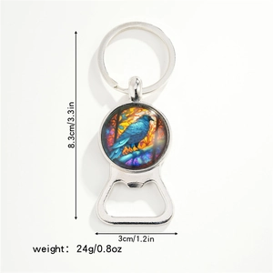 Macro view showing product dimensions of the dragonfly raven bottle opener keychain
