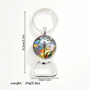 Detail showing dimension specs of the dragonfly art bottle opener keychain