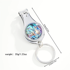 Dragonfly nail clipper keychain with blue owls pattern and bottle opener function